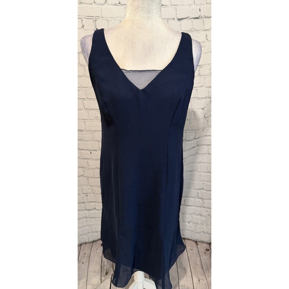 Jans Boutique Navy Blue Crepe Illusion V-Neck Sheath Sleeveless Dress Size 8
